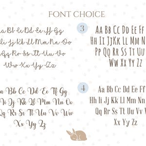 May include: A font choice chart displaying four distinct alphabet styles labeled 1 through 4. Each section features uppercase and lowercase letters in brown ink on a white background with a small brown sleeping rabbit icon at the bottom center.