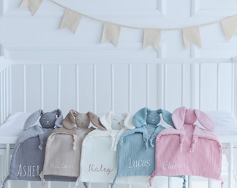 Baby girl gift, embroidered baby girl name gift, baby shower gift, new baby gift, Cotton gauze rabbit comforter, newborn baby comforter
