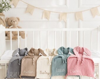 Baby girl gift, embroidered baby girl name gift, baby shower gift, new baby gift, Cotton gauze rabbit comforter, newborn baby comforter