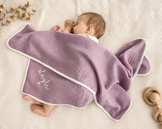 Baby gift Blanket, Personalized baby blanket, Baby Swaddle Blanket, embroidered name baby blanket, baby shower gift, Organic Muslin blanket