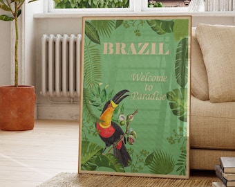 Brazil Vintage Poster - Brazil Travel Poster - Brazil America Travel Print - Brazil Wall Art - Pelican Poster Print - Canvas Effect