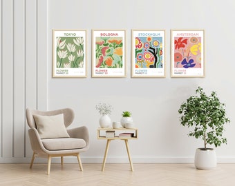 Flower Market Set of four Prints - Boho Flower Wall Art - Floral Poster - Bedroom Wall Decor- Modern Abstract Floral Prints - Trending Art