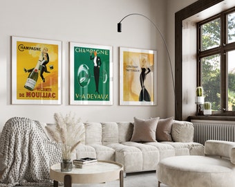 Champagne Wall Art - Set of 3 Champagne Gallery Prints - Alcohol Prints - Retro Alcohol Posters - Bar Wall Art - Champagne Gallery Wall Set