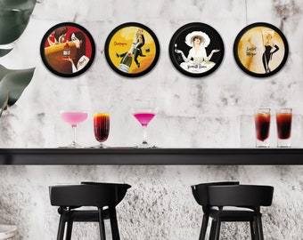 Aperol, Champagne, Set of 4 Circular Round Prints - Black Round Frames - Vintage Alcohol Prints - Bar Wall Art - Round Alcohol Wall Art