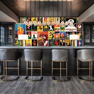 Vintage alcohol wallpaper - Peel and stick vinyl wallpaper - Retro Wallpaper - Bar Decor - Restaurant Decor - Champagne Wallpaper -