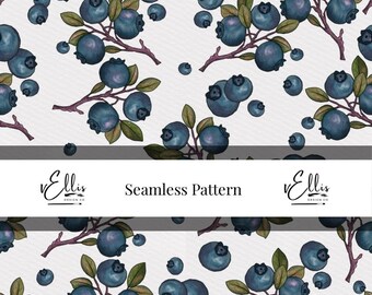 Maine Blueberries| Seamless Pattern 300 DPI Digital File | Repetitive Pattern | Digitally Hand Drawn | Blueberry