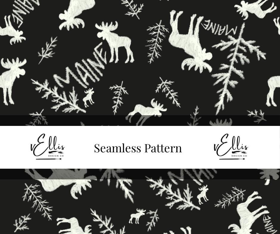 Maine Moose | Seamless Pattern 300 DPI Digital File | Repetitive Pattern | Digitally Hand Drawn | Moose Pine Tree Maine