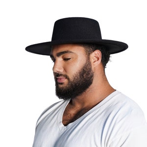 Unisex Black Boater Fedora Hut, Fedora mit breiter Krempe für Frauen Männer Western Boater Hut Großer Filz Panama Hut Rancher Hut