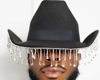 Black Cowboy Fedora Hat with Sling Jewels, Big Wide Brim Fedora Hats for Women Men Western Suede Hat Large Felt Panama Hat Rancher Hat