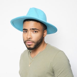 Baby Blue Wide Brim Fedora Hat, Trendy Fedora Hats for Men & Women Wide Brim Felt Hat Dress Panama Hat Two Tone Fedora,