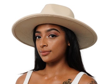 Women's Cream Wide Brim Fedora Hat with Ribbon, Trendy Fedora Hats for Men & Women Wide Brim Felt Hat Dress Panama Hat Two Tone Fedora