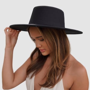 Black Boater Fedora Hat, Big Wide Brim Fedora Hats for Women Men Western Suede Hat Large Felt Panama Hat Rancher Hat