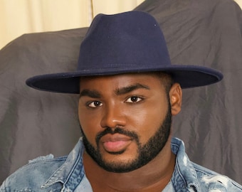 Dark Blue Wide Brim Fedora Classic Panama Hat, Fedora Hats for Men