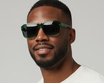 Gafas de sol cuadradas verdes retro / Gafas unisex extragrandes / Montura transparente vintage con protección UV400