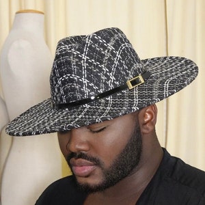 Schwarzer Tweed Fedora Hut, Trendige Fedora Hüte für Männer & Frauen Breite Krempe Filzhut Kleid Panamahut