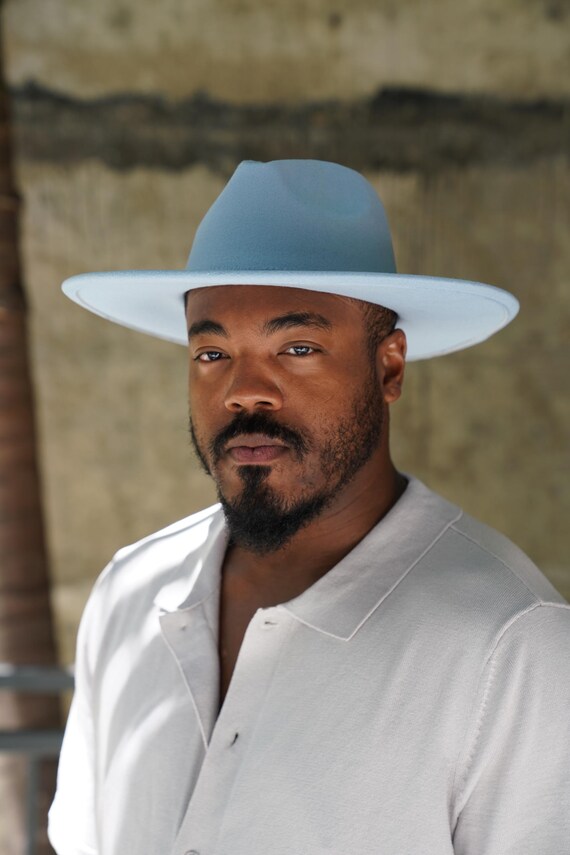 Classic Simple Everyday Wide Brim Baby Blue Fedora for Men  display picture 2