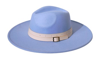 Baby Blue Wide Brim Fedora Hat With White Wrapped Buckle, Wide