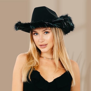 Black Faux Feather Trim Western Cowboy Hat – Luxe Boho Festival Hat | Statement Cowgirl Fedora for Bold Style