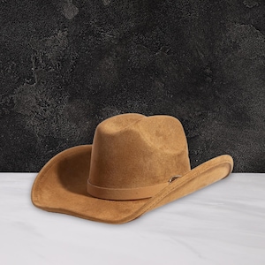 Classic Brown Faux Suede Cowboy Fedora Hat – Belt Buckle Band | Western Fedora for Men & Women