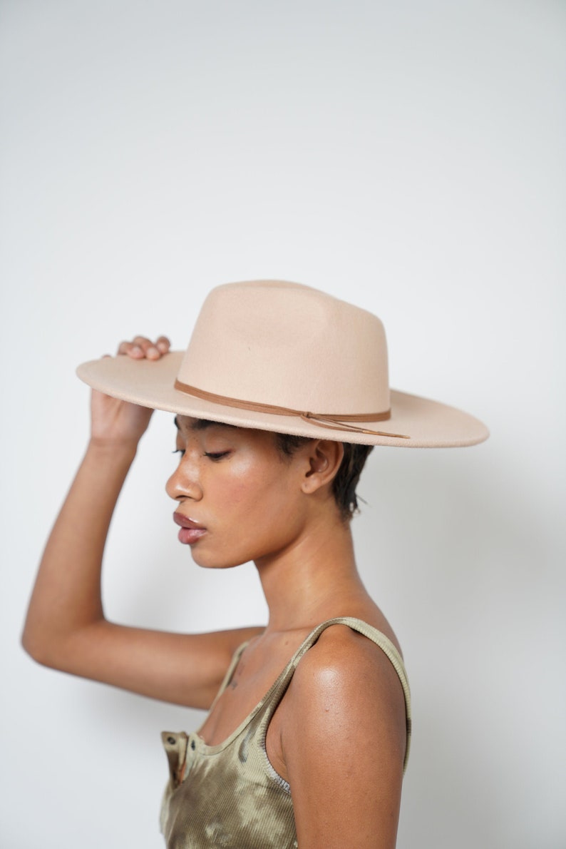 Cream Wide Brim Fedora Hat with String, Big Wide Brim Fedora Hats for Women Men Western Suede Hat Large Felt Panama Hat Rancher Hat image 1