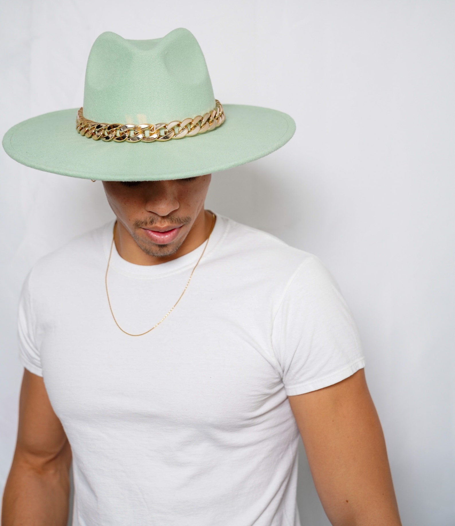 Mint Green Fedora Hat with Gold Chain lace Etsy