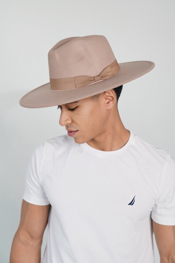 Taupe Wide Brim Fedora Hat With Ribbon, Unisex Fedora Hat  display picture 1