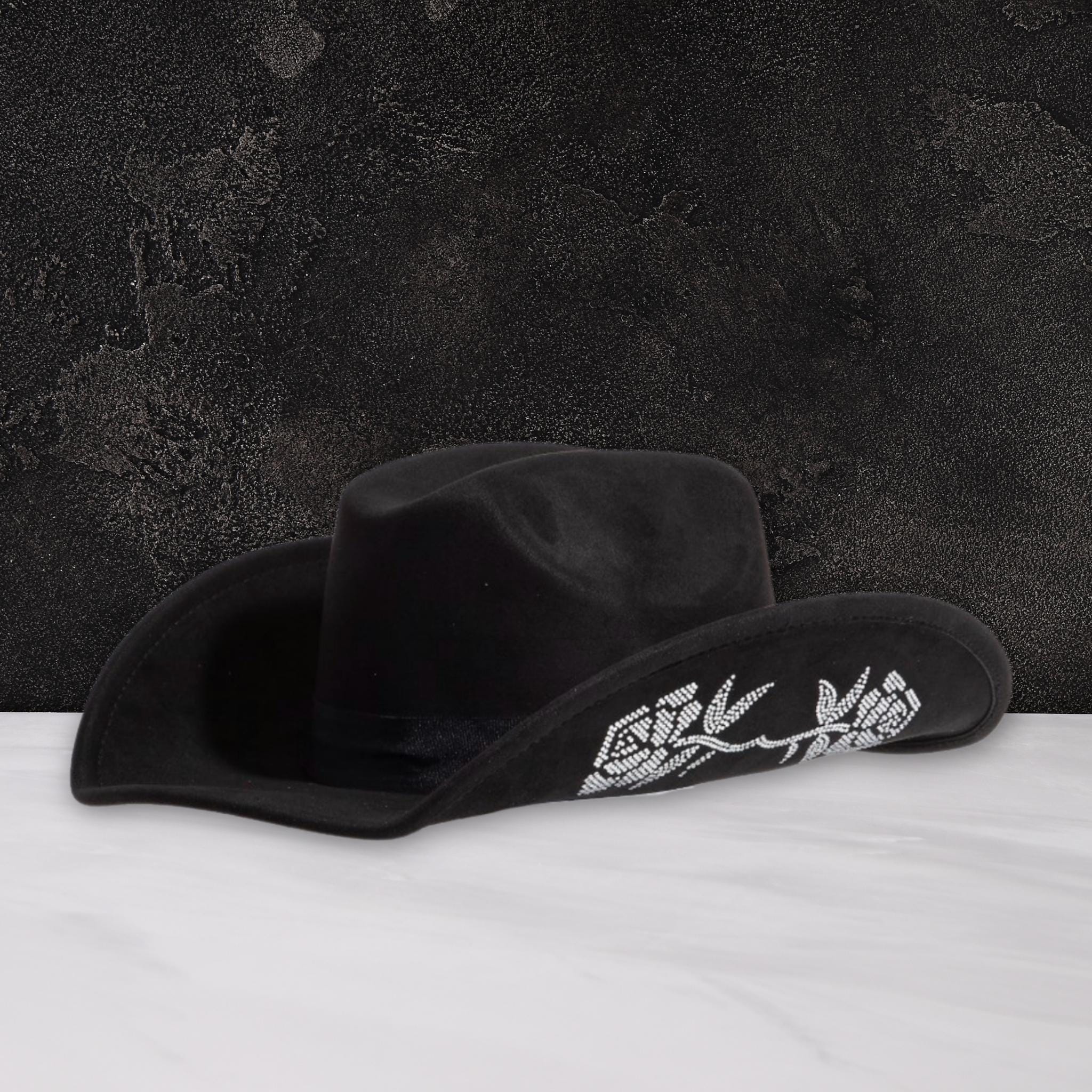 Silver Rose Rhinestone Embroidered Black Fedora Cowboy Hat 