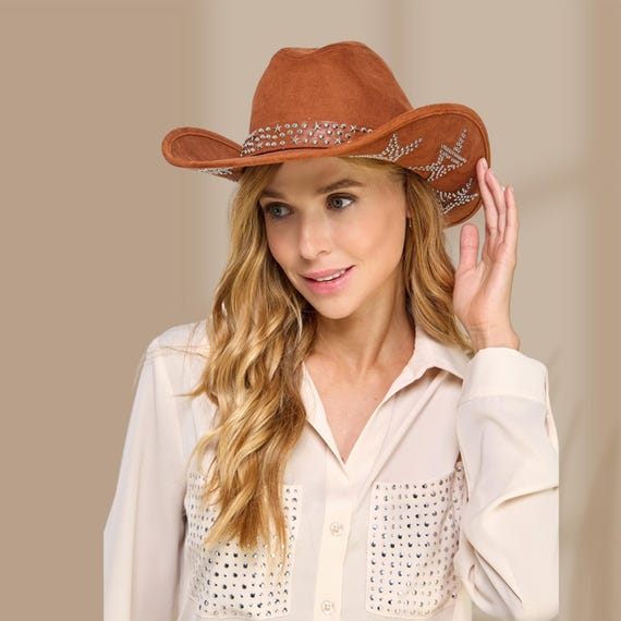 Brown Embroidered Star and Studded Western Cowboy Hat – Faux Suede