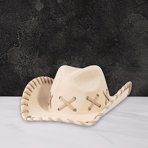Cream Beige Faux Suede Cowboy Fedora Hat – Braided Brim with “X” Stitch Design | Western Boho Unisex Hat