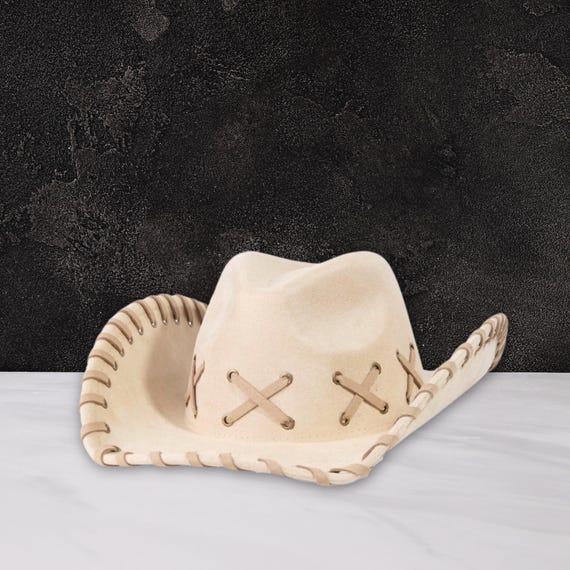 Cream Beige Faux Suede Cowboy Fedora Hat – Braided Brim With  display picture 1