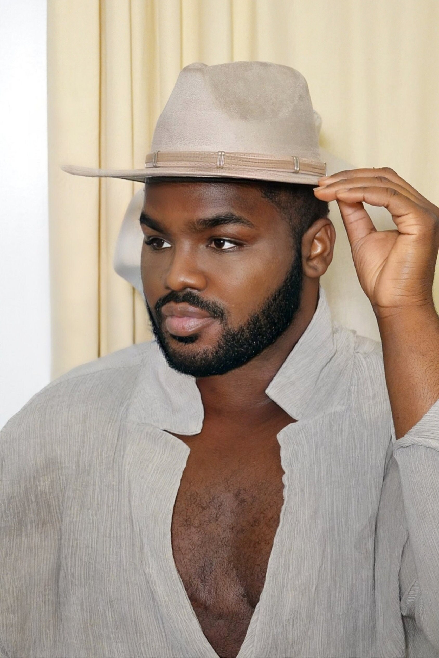 Beige Crushed Velvet Western Fedora Beige Crushed Velvet Western Fedora Hat, Trendy Fedora Hats  main image 2