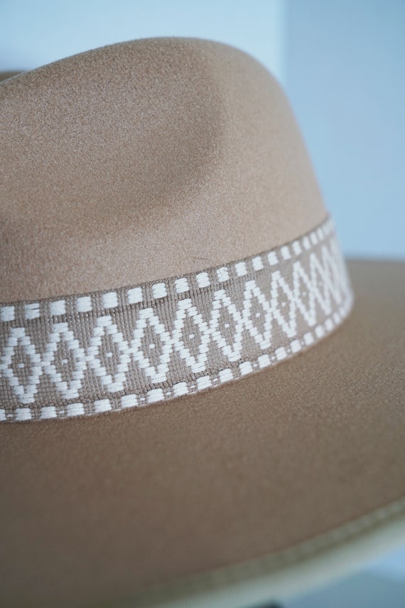 Beige Western Fedora Hat With Embroidered Boho Tribal Band 