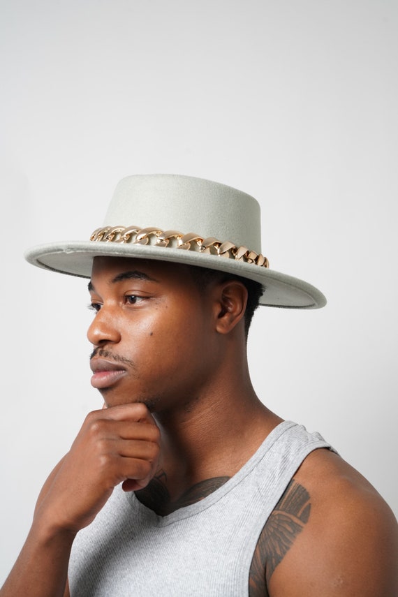 Mint Green Fedora Hat With Gold Chain 