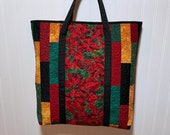 Handcrafted Quilted Lined Tote Bag With Shoulder Straps Box Bottom - Poinsettia
