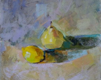 Fine art  "Still life with lemon and pear". Soft pastel painting. Original artwork made by hand.