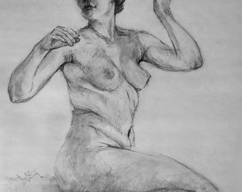 An original graphite pencil drawing of a female figure study.Model 4.