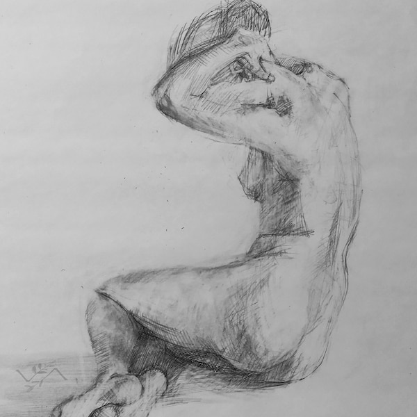 An original graphite pencil drawing of a female figure study.