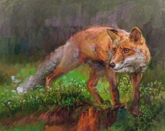 Fine art "Shy Fox". Soft pastel painting. Original artwork made by hand.