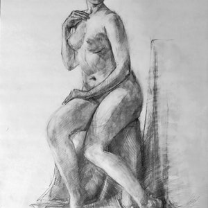 An original graphite pencil drawing of a female figure study.
