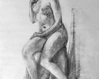 An original graphite pencil drawing of a female figure study.