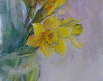 Fine art Yellow Daffodils. Soft pastel painting. Original artwork.