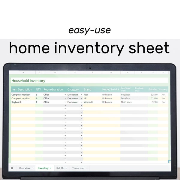 Home Inventory Sheet | Easy-Use Google Sheet - Household Inventory with Overview Charts