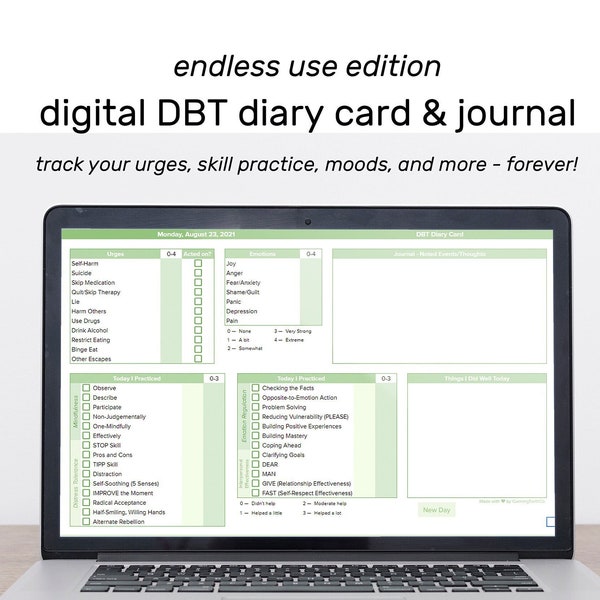 DBT Diary Card Journal - Easy-Use Google Sheet | BPD Mood Tracker, Urge Tracker, DBT Therapy Skills Tracker, & more!