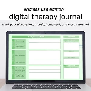 Puede incluir: Un ordenador portátil que muestra una plantilla de diario de terapia digital. La plantilla está dividida en secciones para hacer un seguimiento de los deberes, el estado de ánimo y las sesiones de terapia. El texto en la pantalla dice "Martes, 2 de noviembre de 2021".