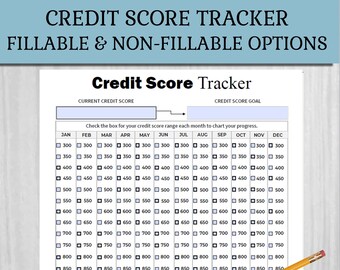 Può includere: Un tracker di punteggio di credito stampabile con uno schema di colori blu e bianco. Il tracker ha una griglia con caselle di controllo per ogni mese dell'anno e intervalli di punteggio di credito da 300 a 850. Il testo "Credit Score Tracker" è in cima alla pagina. Il testo "Current Credit Score" è sopra la griglia sul lato sinistro della pagina. Il testo "Credit Score Goal" è sopra la griglia sul lato destro della pagina. Il testo "Check the box for your credit score range each month to chart your progress." è sotto la griglia. Il testo "Editable text field option for typing." è in fondo alla pagina.