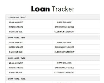 Loan Tracker Sheet | Loans Log | Loan Debt | Mortgage Loans | Student Loans | Car Loans  | Printable | Instant Download