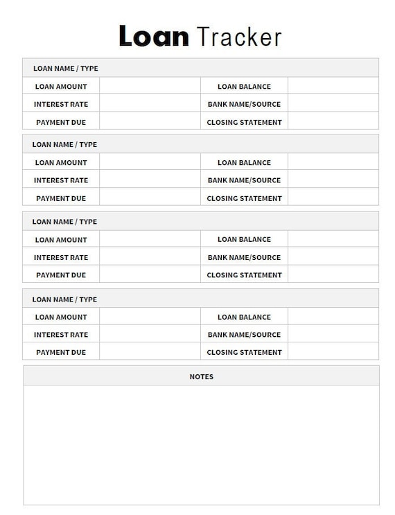 Loan Tracker Sheet Loans Log Loan Debt Mortgage Loans Etsy
