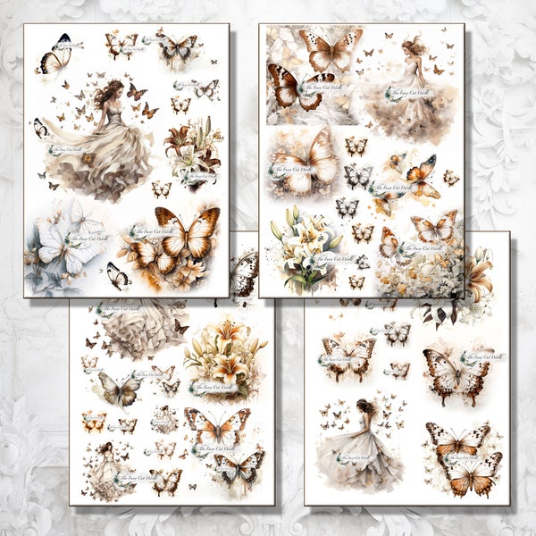 Fairytale brown butterflies, flowers, and bride prints for canvas, cards, journaling, and many other handmade projects