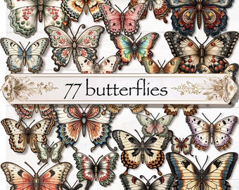 77 designs of digital prints fussy cut ephemera vintage butterflies for scrapbooking, journal, canvas, collage, handmade cards, and more