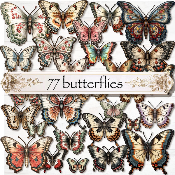 77 designs of digital prints fussy cut ephemera vintage butterflies for scrapbooking, journal, canvas, collage, handmade cards, and more